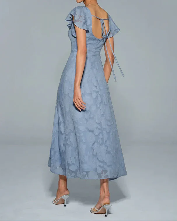 Dusty Blue Square Neck Flutter Sleeve Burnout Floral Back Tie Slit Midi Dress