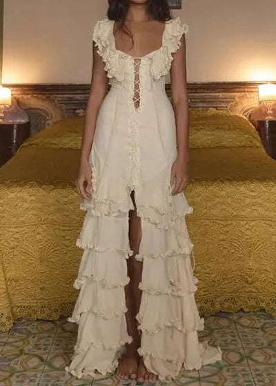 Cream Ruffle Sleeveless Lace-Up Corset Asymmetric Tiered Ruffle Maxi Dress