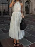 Polka Dot Halter Open Back Flowy A-line Maxi Dress
