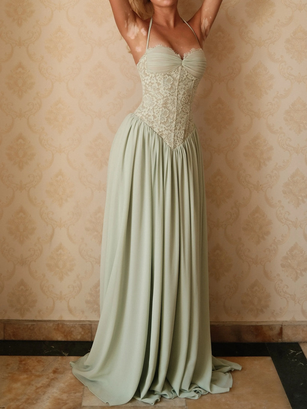 Women Thin Spaghetti Strap Eyelash Lace Corset Bodice Lace Up Back Chiffon Flowy Maxi Dress