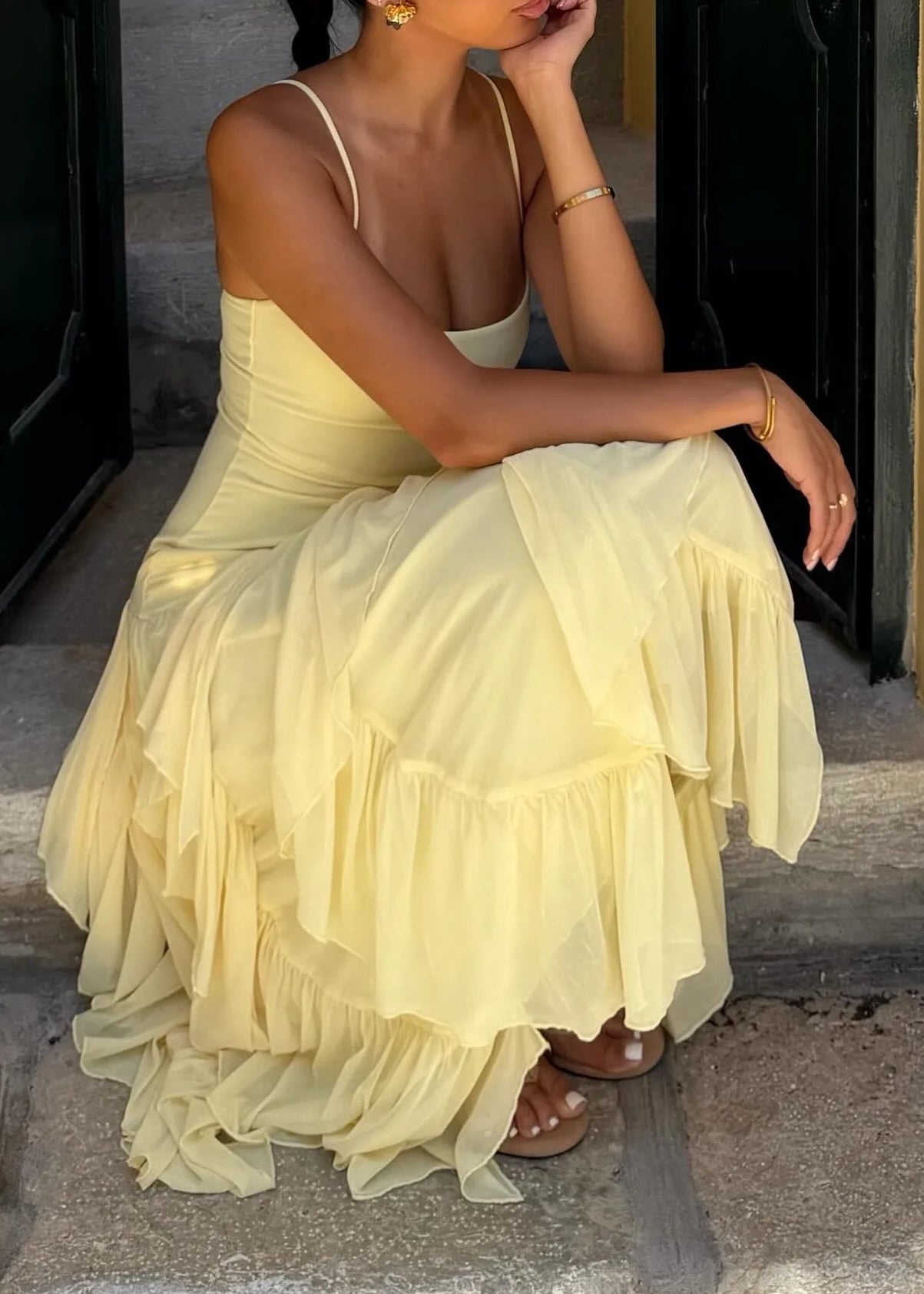 Light Yellow Cami Strap Asymmetric Ruffle Midi Dress