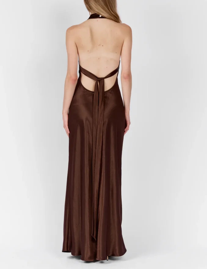 Women Cross Halter Open Back Tie Back Solid Satin Maxi Slip Dress