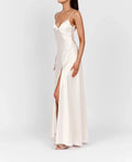 Women Thin Spaghetti Strap V Neck Lace Trim Open Back High Slit Satin Maxi Slip Dress