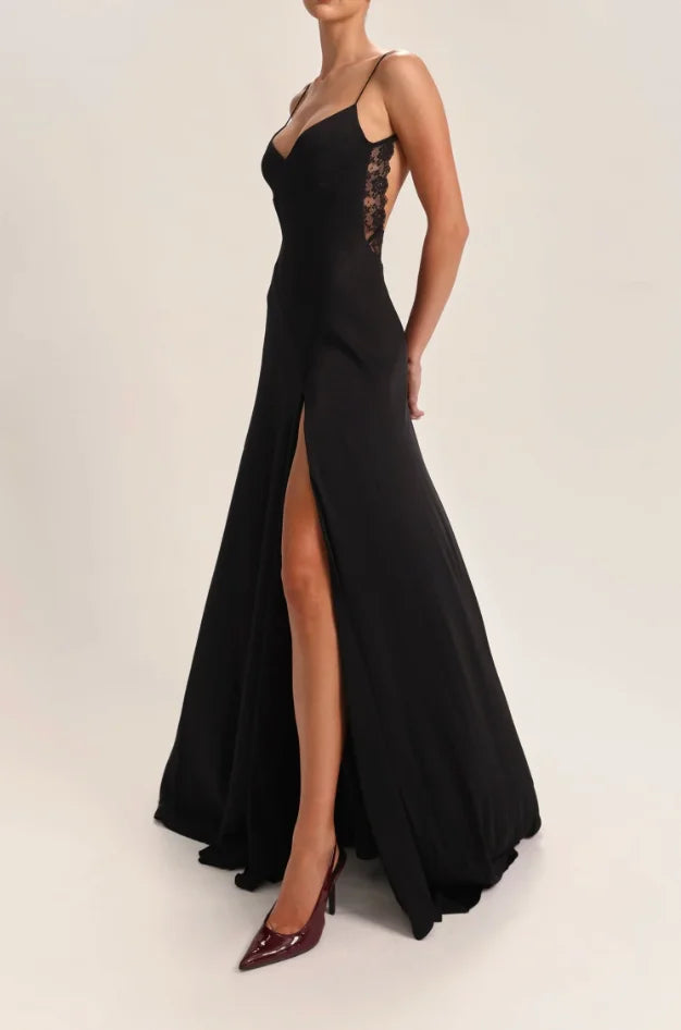 Women Thin Spaghetti Strap V Neck Lace Trim Open Back High Slit Satin Maxi Slip Dress