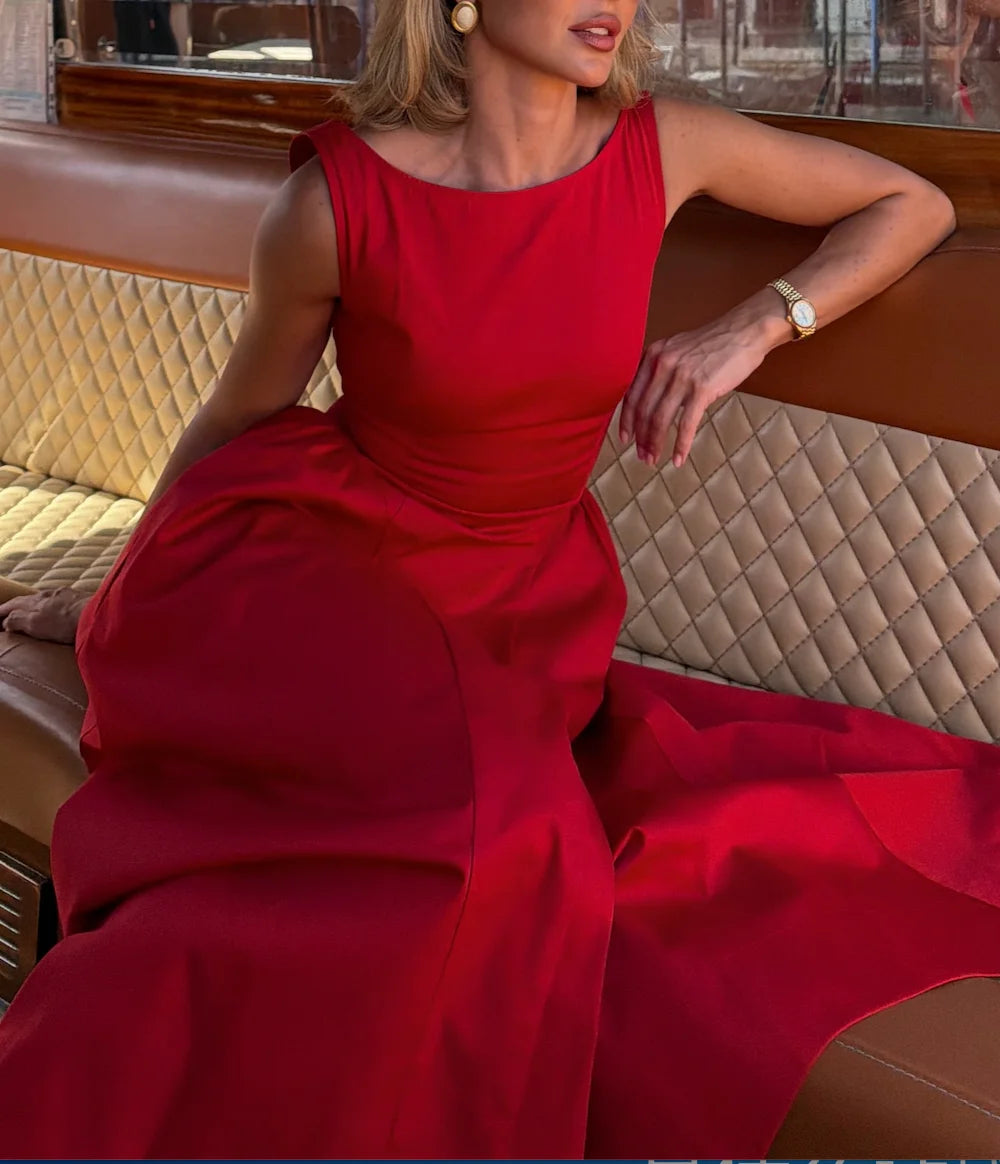 Women Sleeveless Boat Neck Open Back Solid A-Line Midi Dress