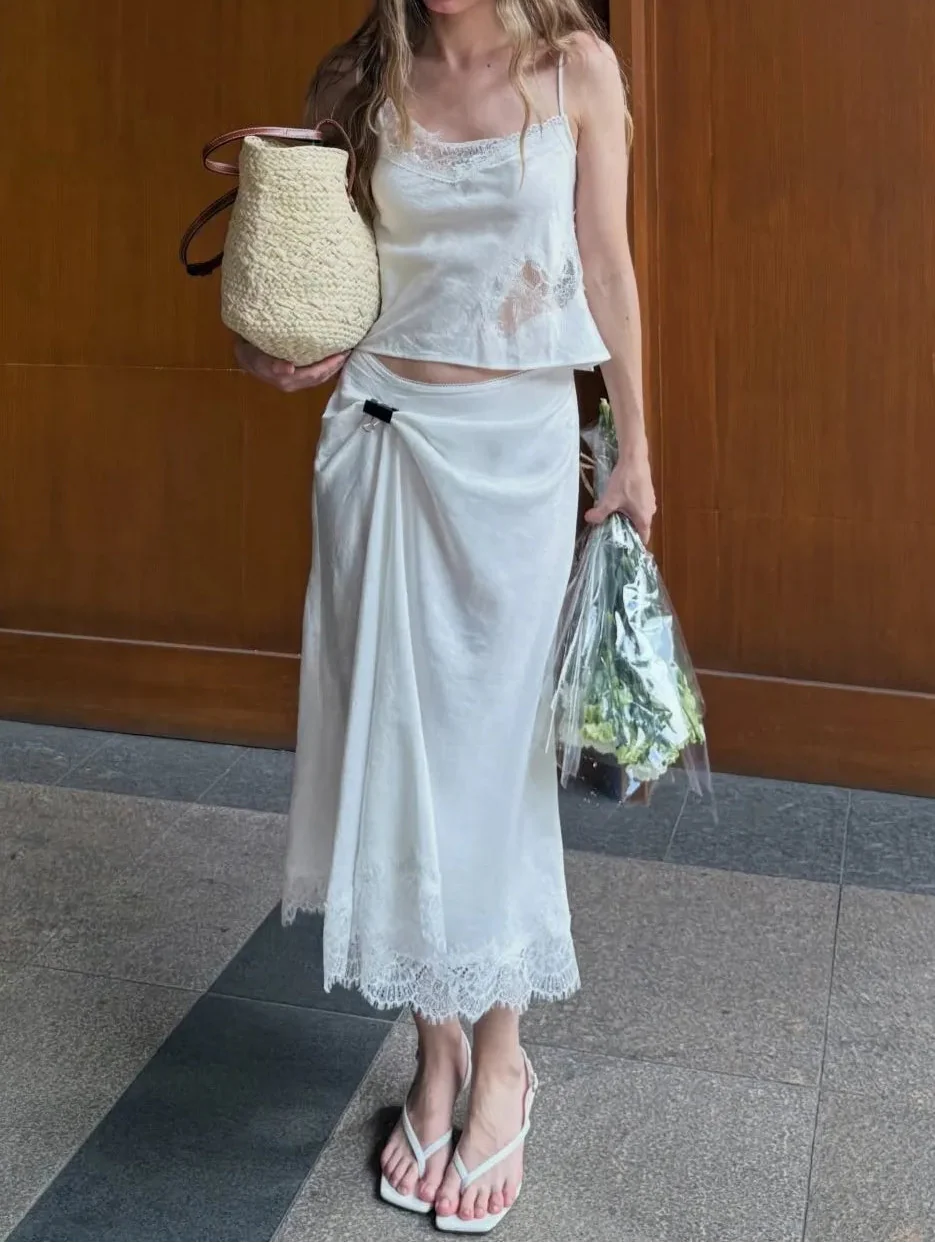 French Lazy Style Lace Patchwork Cami + Wrap Lace Hem Midi Skirt Set