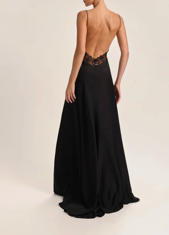 Women Thin Spaghetti Strap V Neck Lace Trim Open Back High Slit Satin Maxi Slip Dress