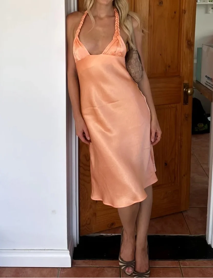 Peach Satin Braid Halter Deep V Midi Dress