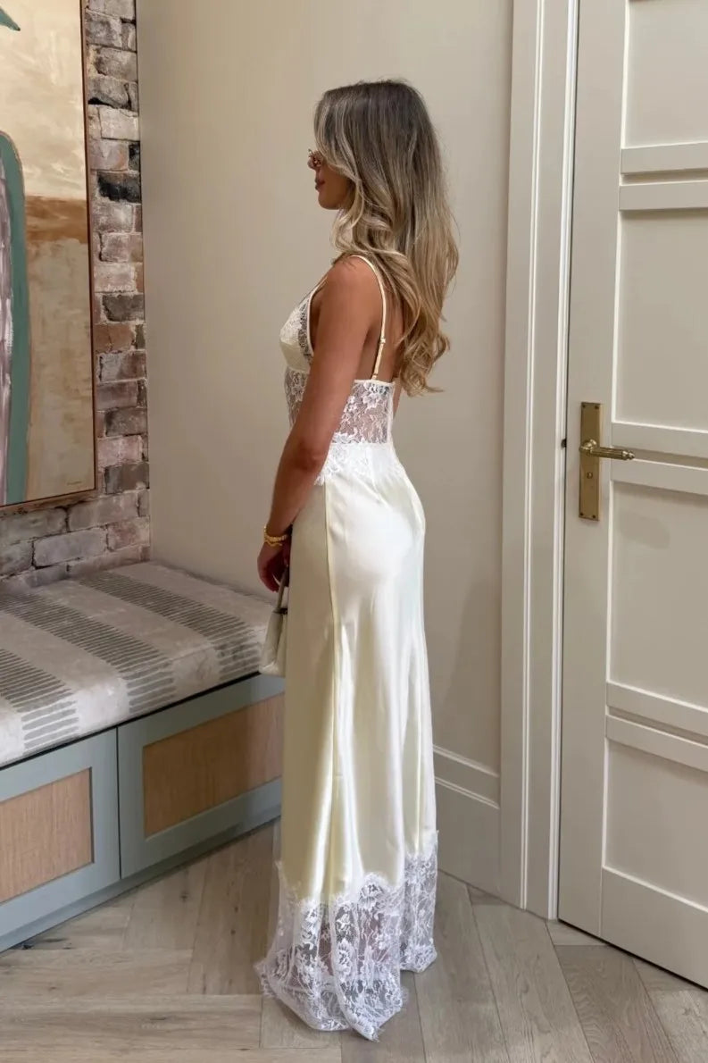 French Style Cream Lace Spliced Satin Camisole Maxi Dress