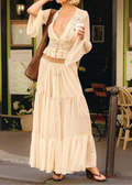 Lace Patchwork Flare Sleeve Waist Top + Tiered Ruffle Maxi Skirt Set