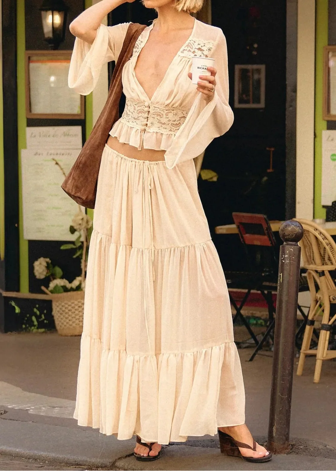 Lace Patchwork Flare Sleeve Waist Top + Tiered Ruffle Maxi Skirt Set