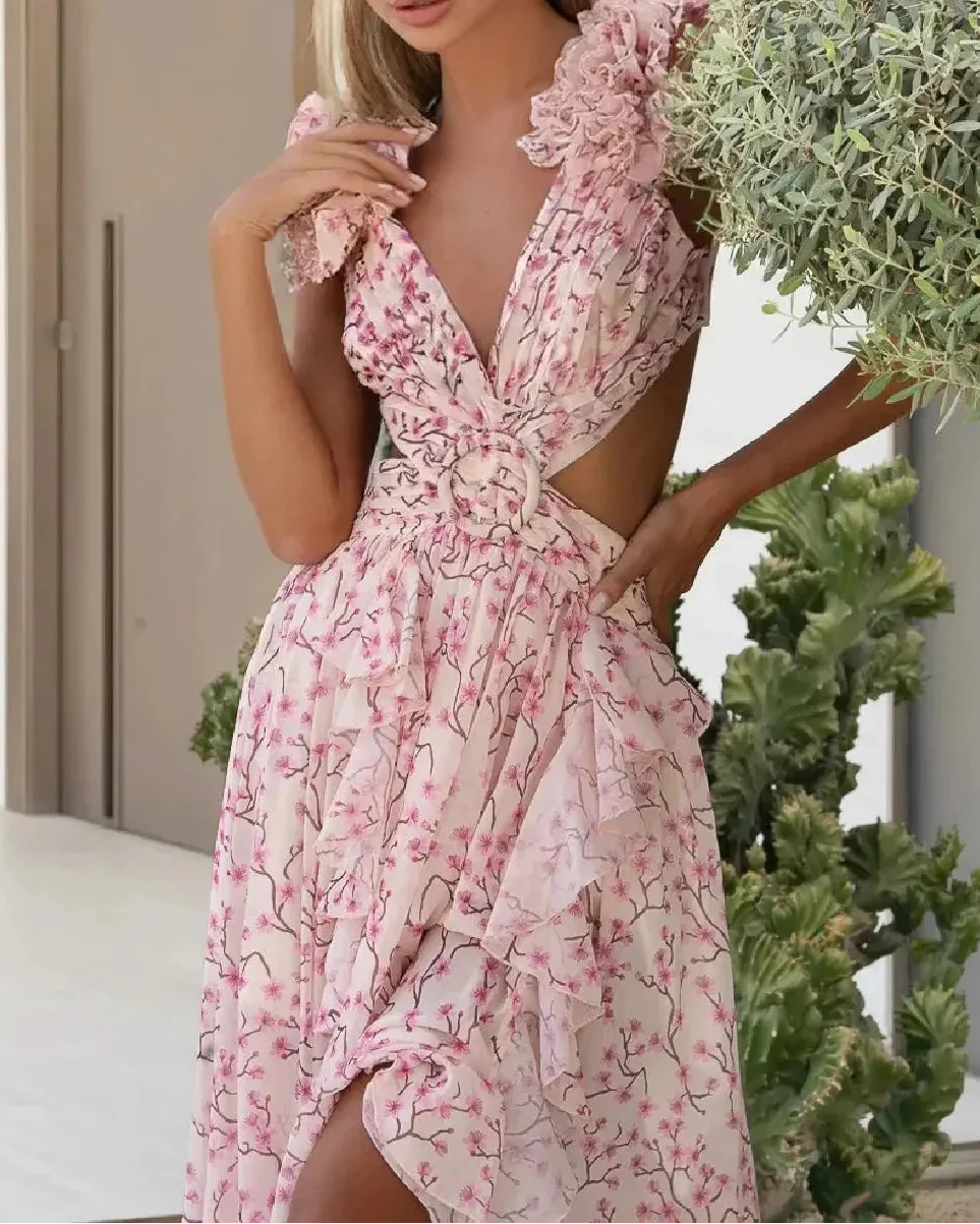 Pink Plum Blossom Print Ruffle Backless High Slit Maxi Dress | Vacation Style Sexy Party Gown