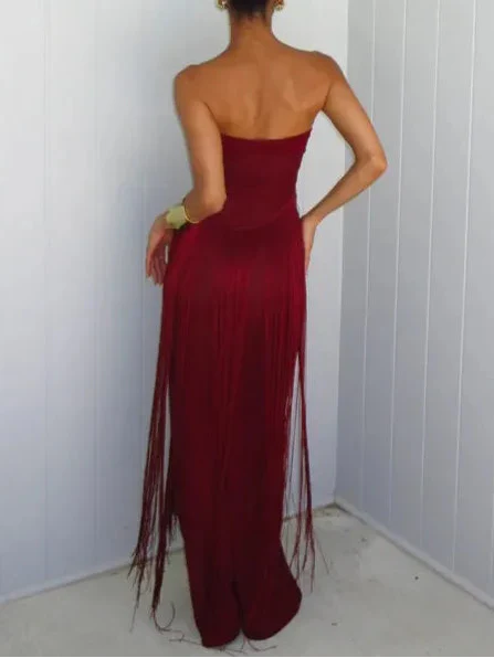 Burgundy Strapless Fringe Cut-Out Maxi Evening Gown