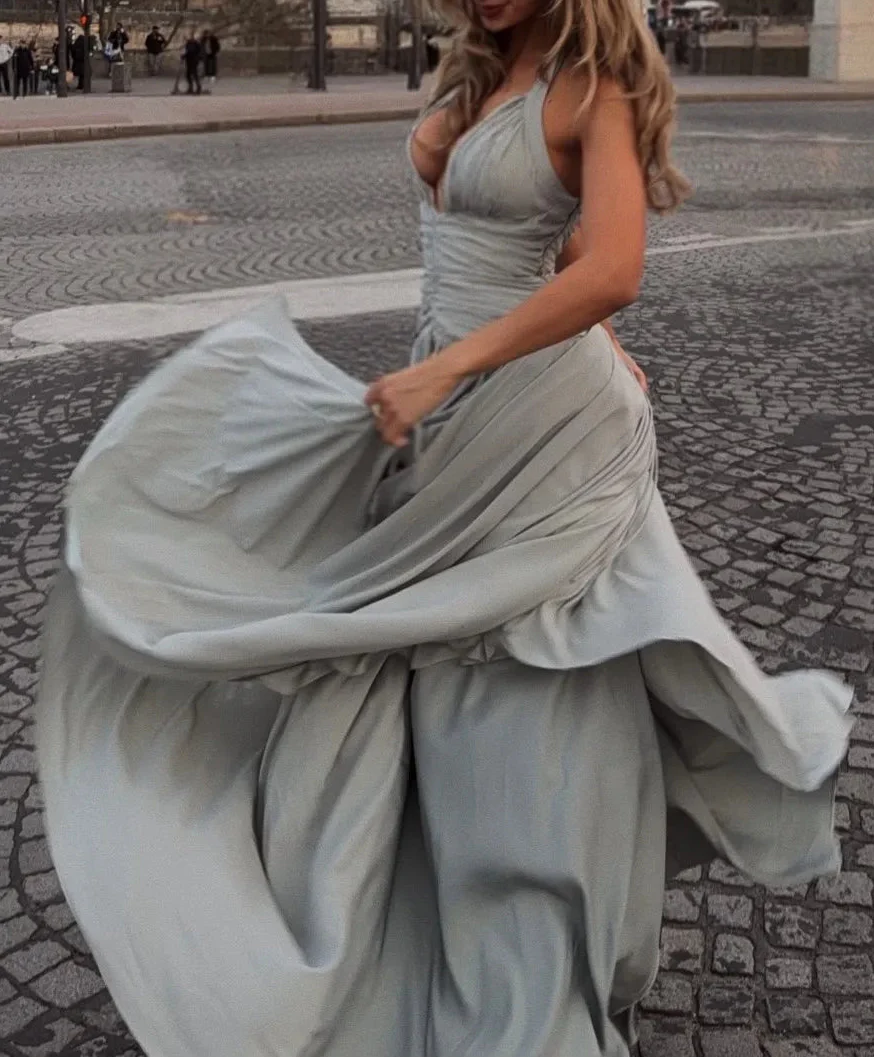 French Halter Deep V Ruched Slit Flare Maxi Dress | Luxury Elegant Waist-Cinching Slimming Evening Gown