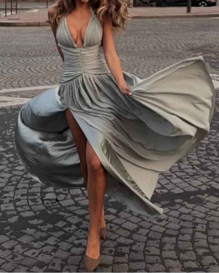 French Halter Deep V Ruched Slit Flare Maxi Dress | Luxury Elegant Waist-Cinching Slimming Evening Gown