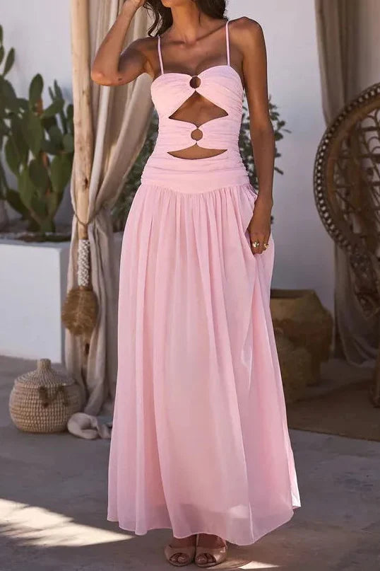 Pink Cutout Ring Ruched Cami Flowy Maxi Dress | Vacation Style Sexy Backless Beach Dress