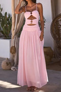 Pink Cutout Ring Ruched Cami Flowy Maxi Dress | Vacation Style Sexy Backless Beach Dress
