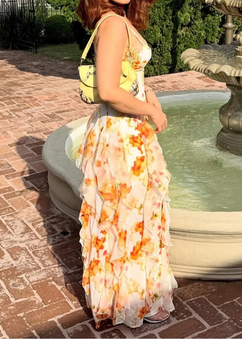 Orange Tie-Dye Floral V-Neck Cami Irregular Ruffle Maxi Dress | Vacation Elegant Beach Dress