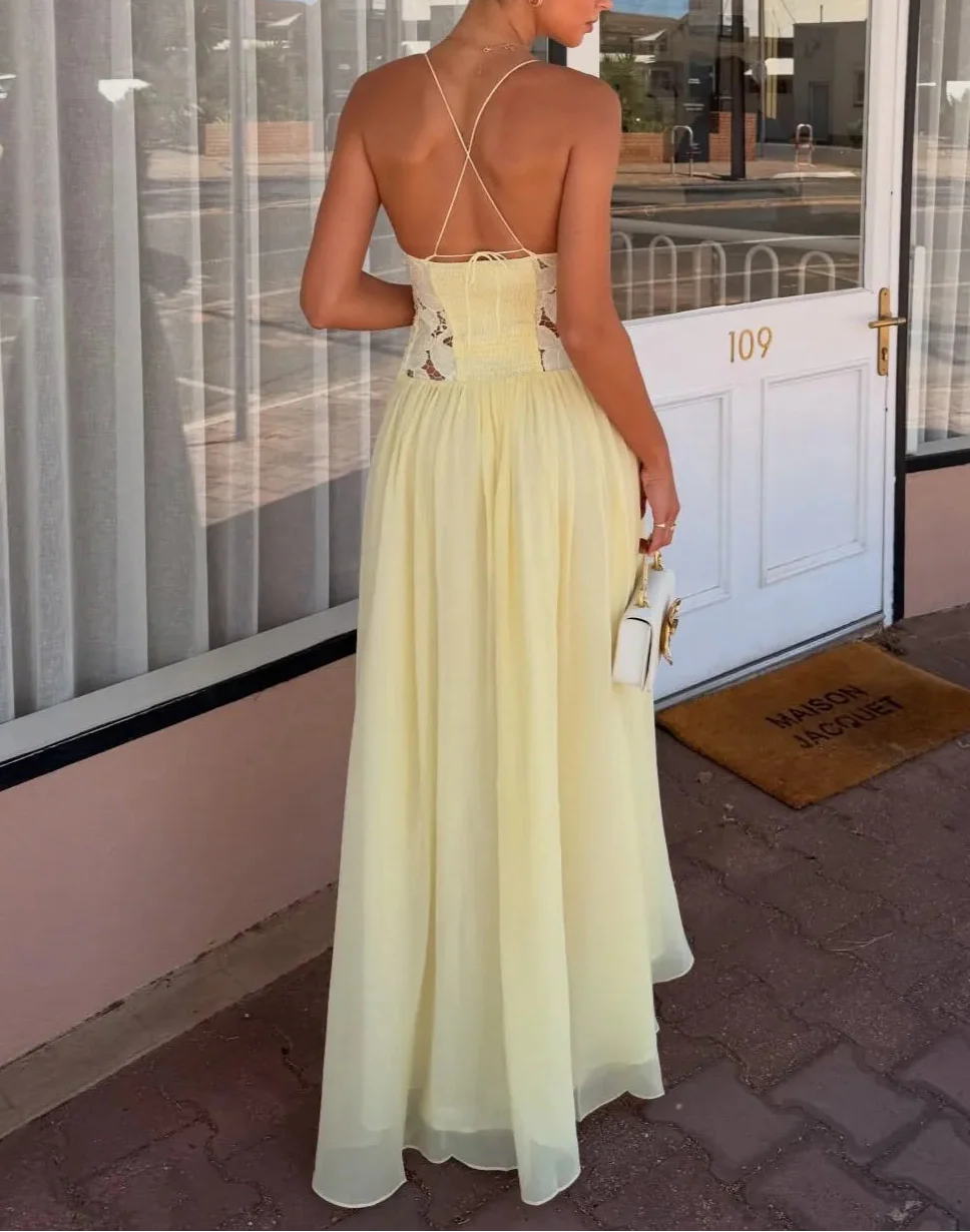 Cream Yellow 3D Floral Lace Patchwork Cross Backless Ruched Waist Flowy Maxi Vacation Dress