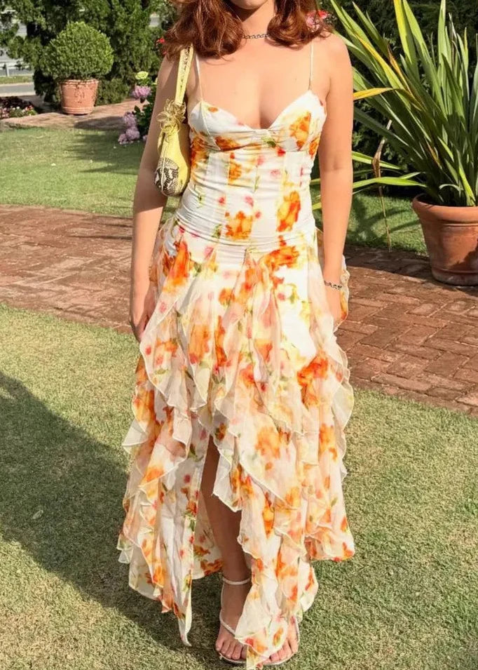 Orange Tie-Dye Floral V-Neck Cami Irregular Ruffle Maxi Dress | Vacation Elegant Beach Dress