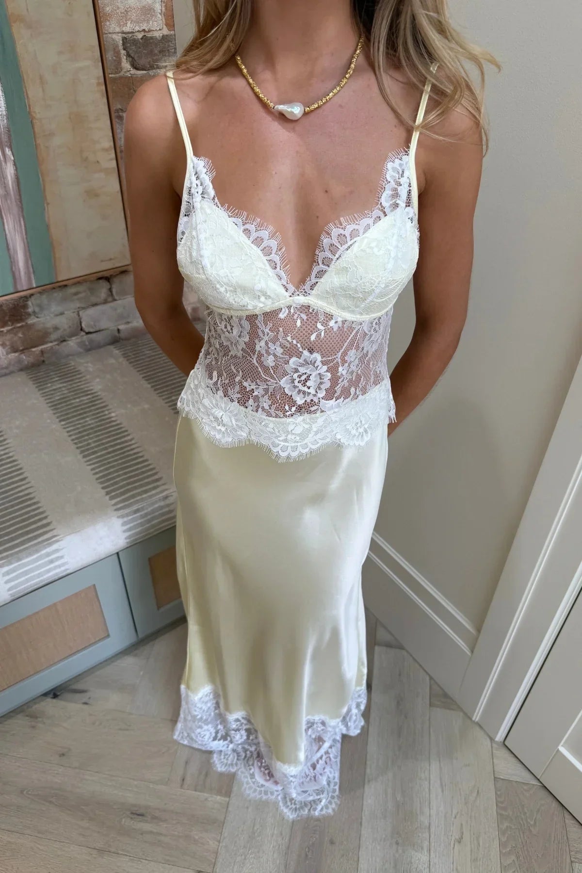 French Style Cream Lace Spliced Satin Camisole Maxi Dress