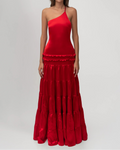 One-Shoulder Open-Back Satin Tiered Maxi Dress