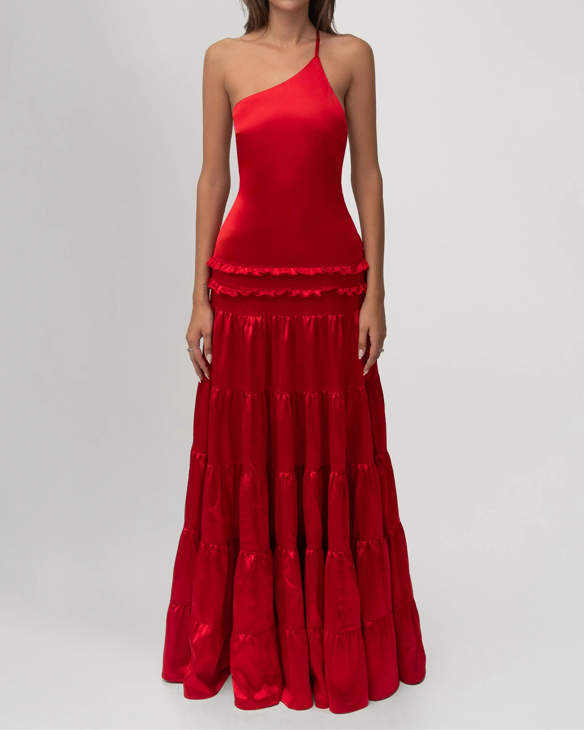 One-Shoulder Open-Back Satin Tiered Maxi Dress