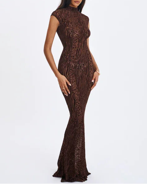Brown Flocked Leopard Print Sheer Open-Back Turtleneck Mermaid Gown