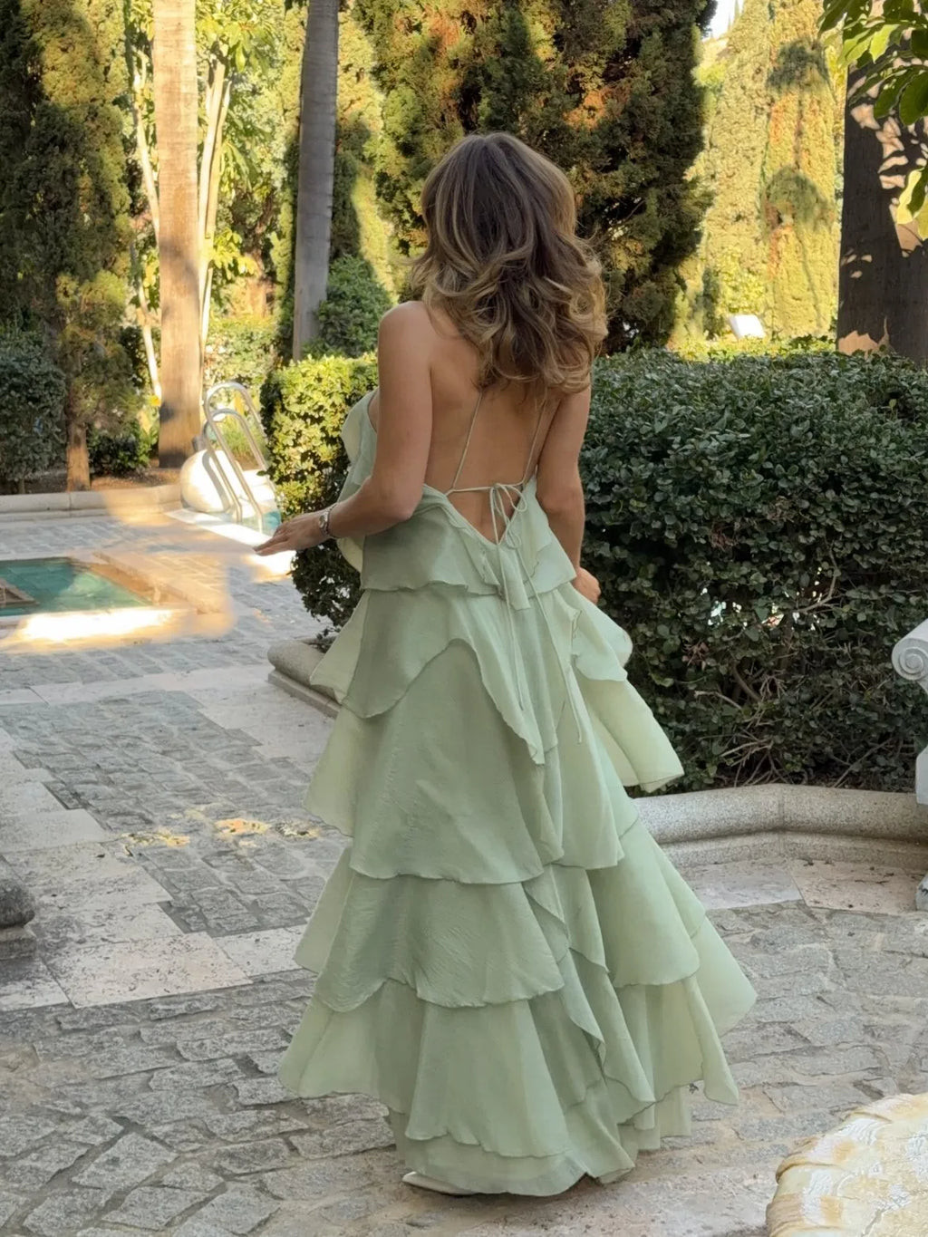 Mint Green Halter Open-Back Tiered Ruffle Maxi Dress
