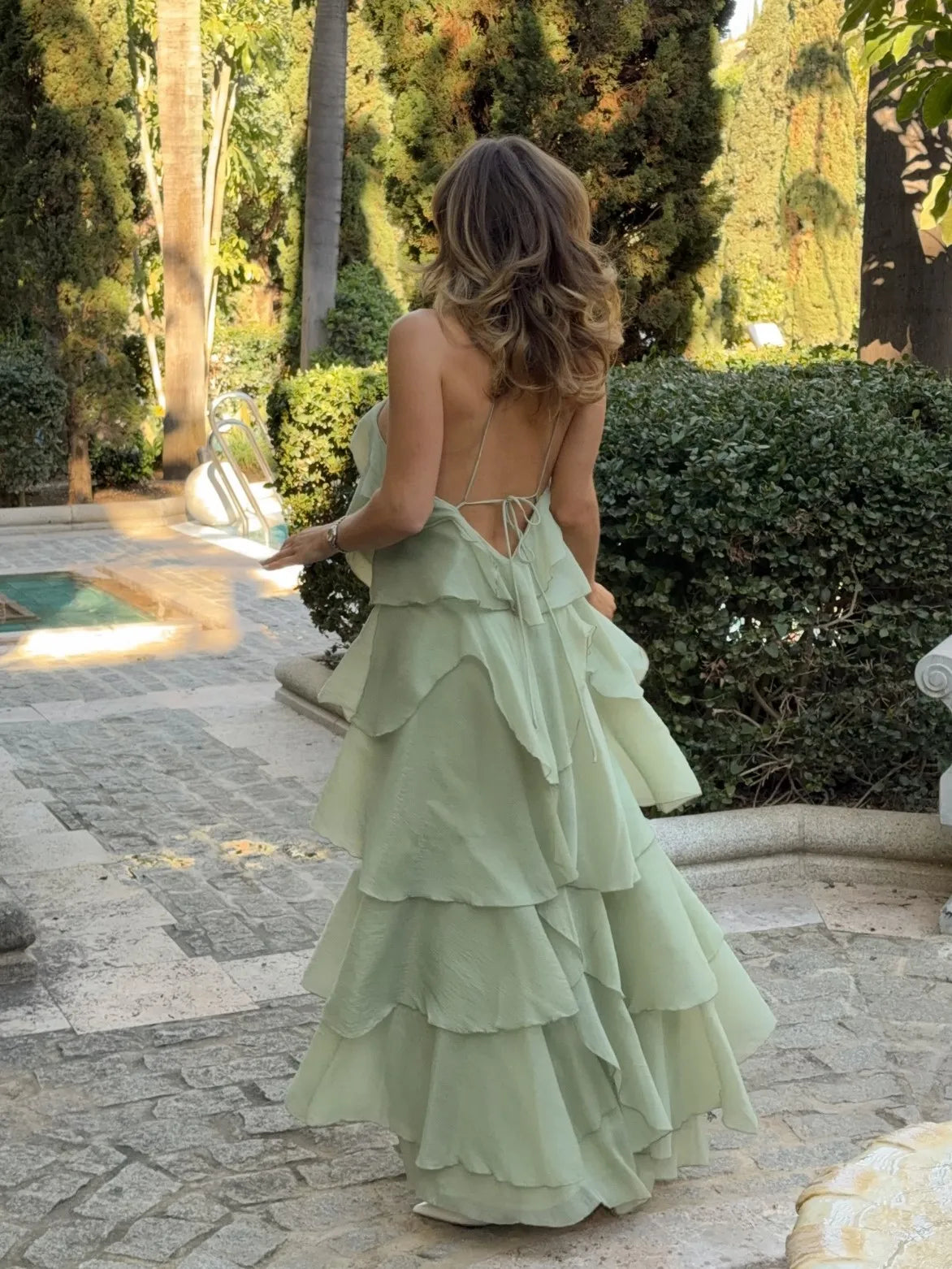 Mint Green Halter Open-Back Tiered Ruffle Maxi Dress