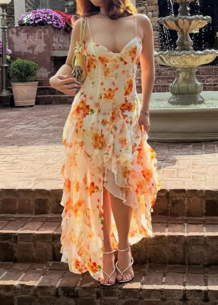 Orange Tie-Dye Floral V-Neck Cami Irregular Ruffle Maxi Dress | Vacation Elegant Beach Dress