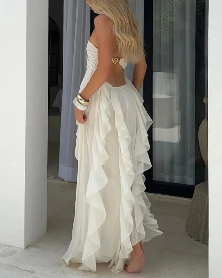 Cream White Halter Gold Rose Ruffled Backless Maxi Dress