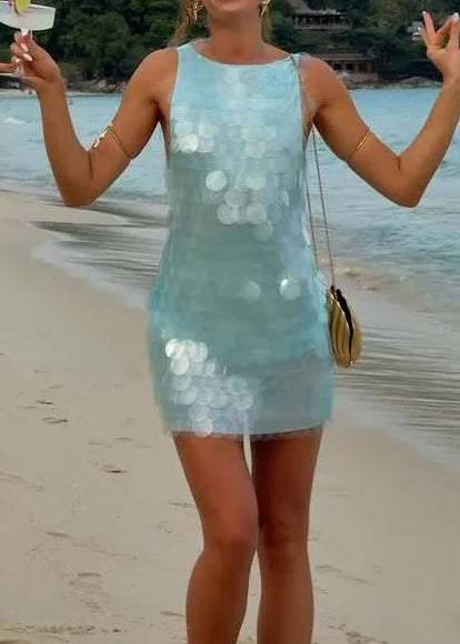 Light Blue Large Sequin Backless Vacation Mini Dress