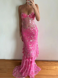 Pink Floral Beaded Sheer Mesh Spaghetti Strap Mermaid Train Evening Maxi Dress