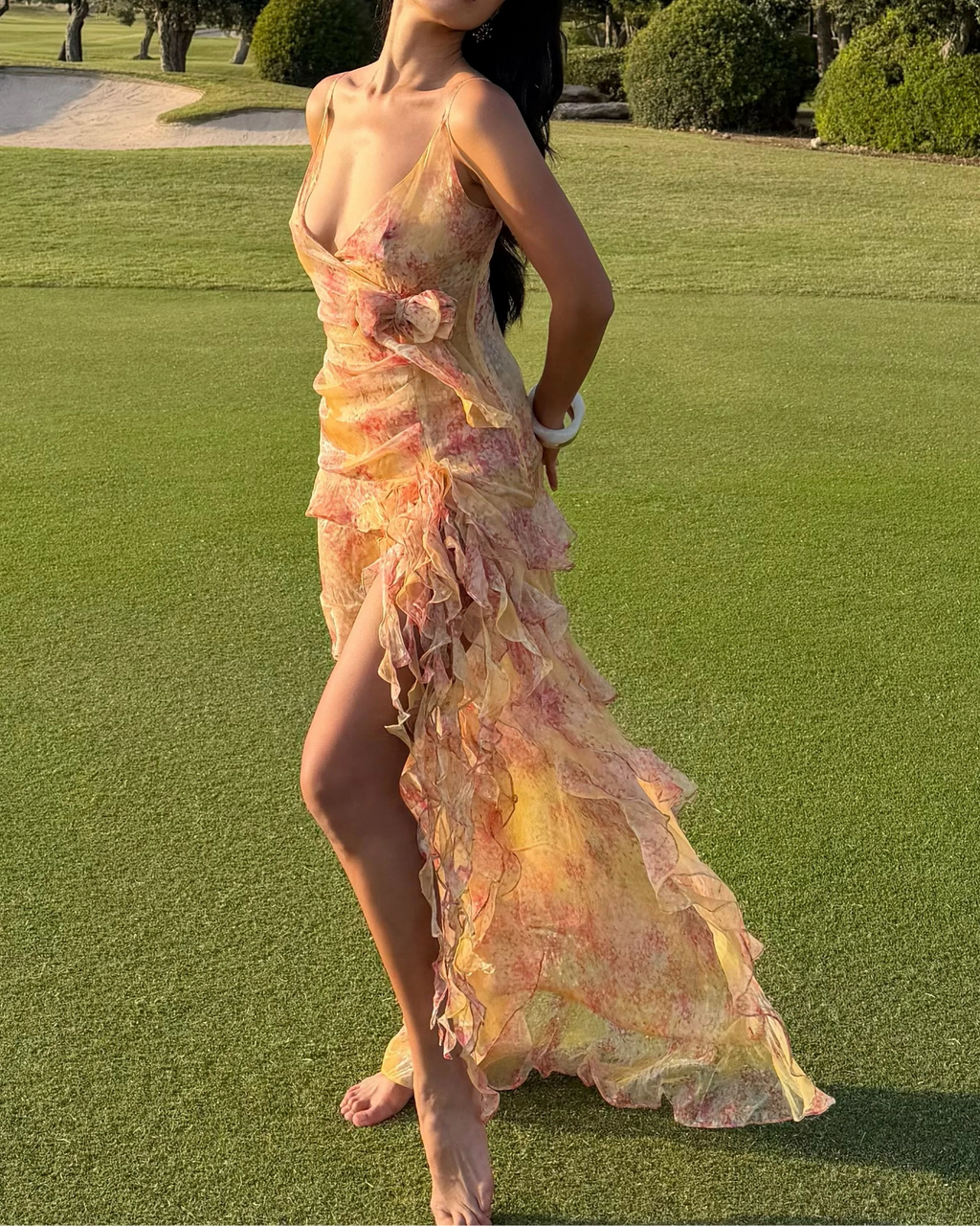 3D Flower Ruffle Chiffon Maxi Dress with Train