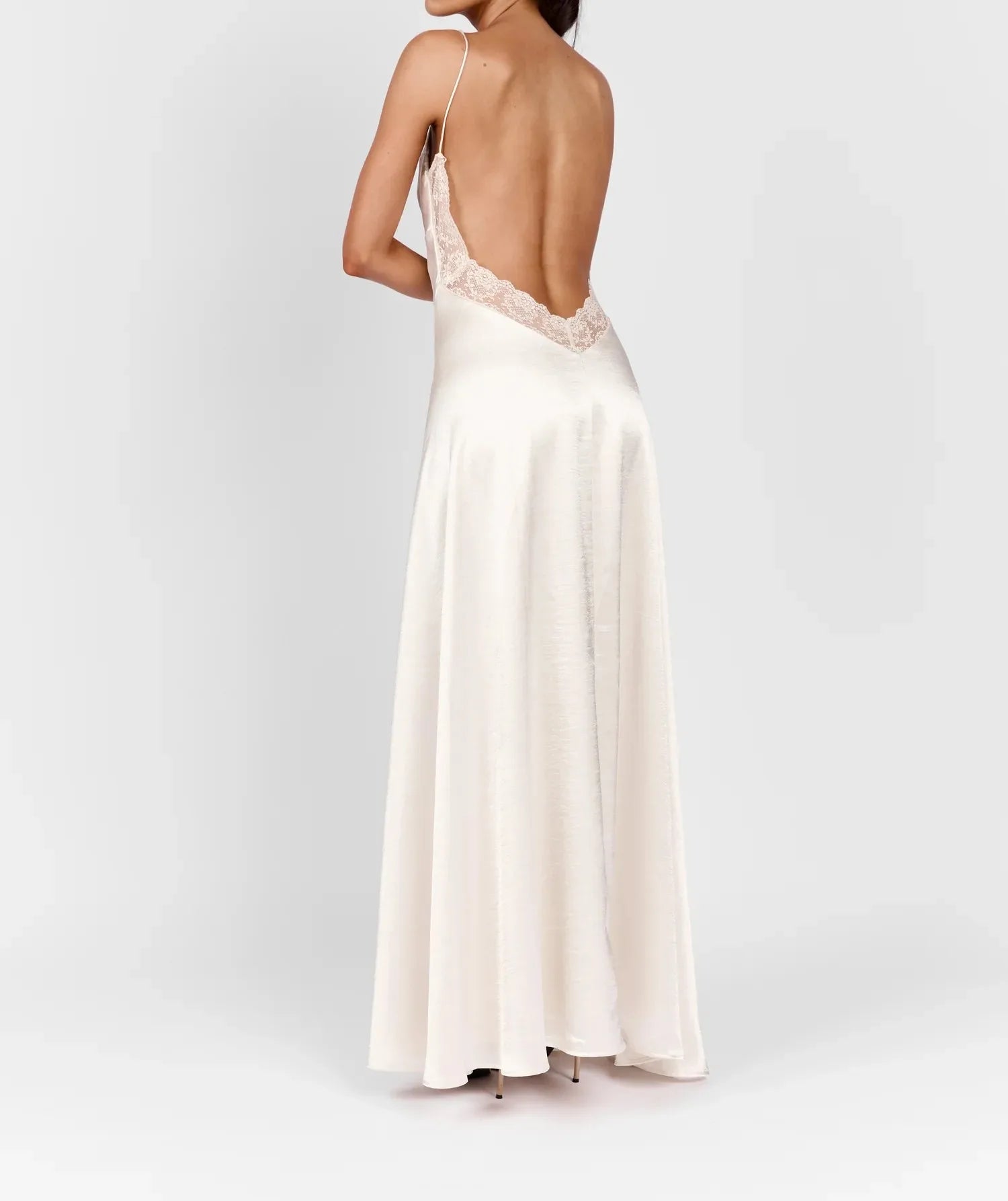 Women Thin Spaghetti Strap V Neck Lace Trim Open Back High Slit Satin Maxi Slip Dress