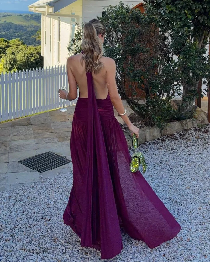 Halter Neck Open Back Draped Slit Maxi Gown