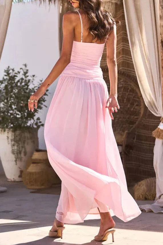 Pink Cutout Ring Ruched Cami Flowy Maxi Dress | Vacation Style Sexy Backless Beach Dress