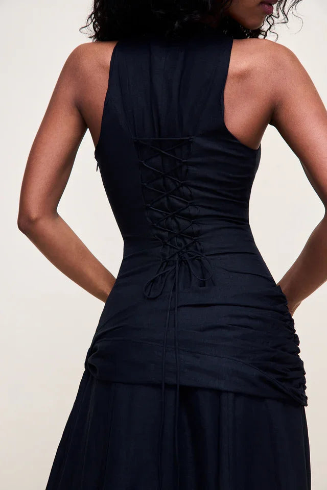 Halter Cutout Waist Tie Irregular Midi Dress