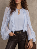 LightBlue Sheer Ruffle Sleeve Blouse