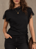 Black Lace Trim Short Sleeve Top