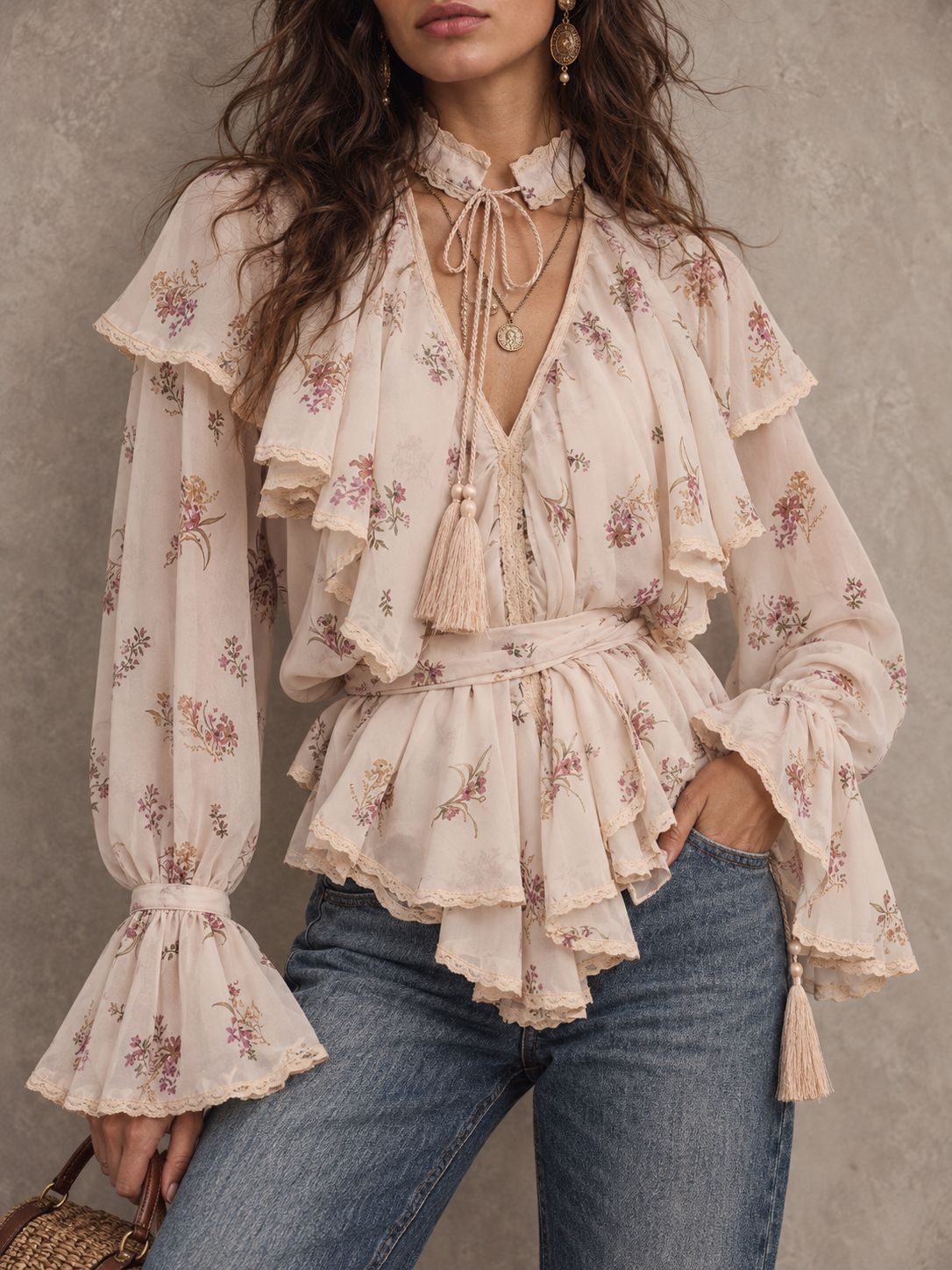 Pink Floral Print Ruffle Blouse