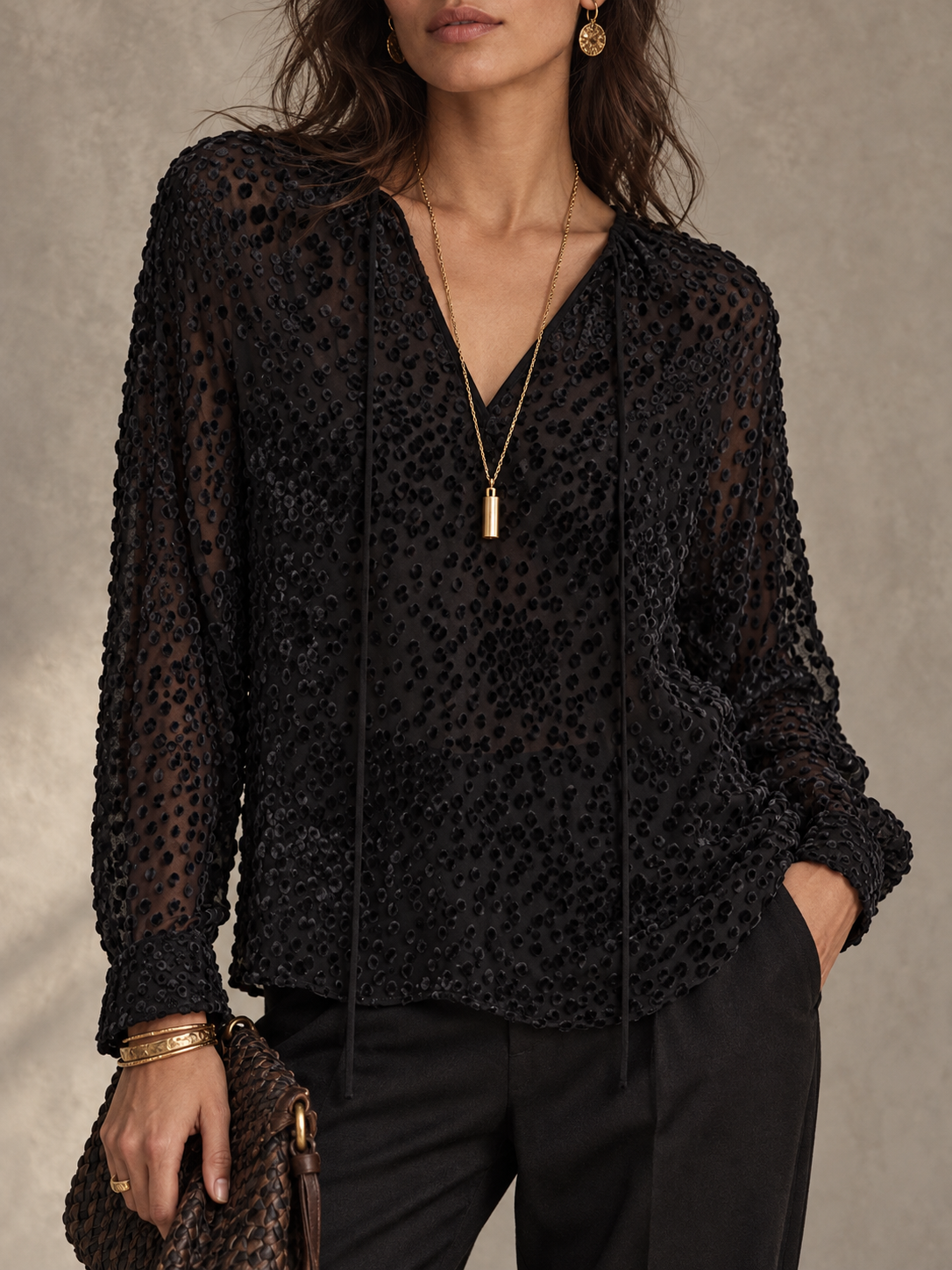 Black Sheer Polka Dot Tie Neck Blouse