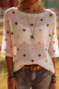 Medium Sleeve Heart Knit Sweater - Lightweight Romantic Top