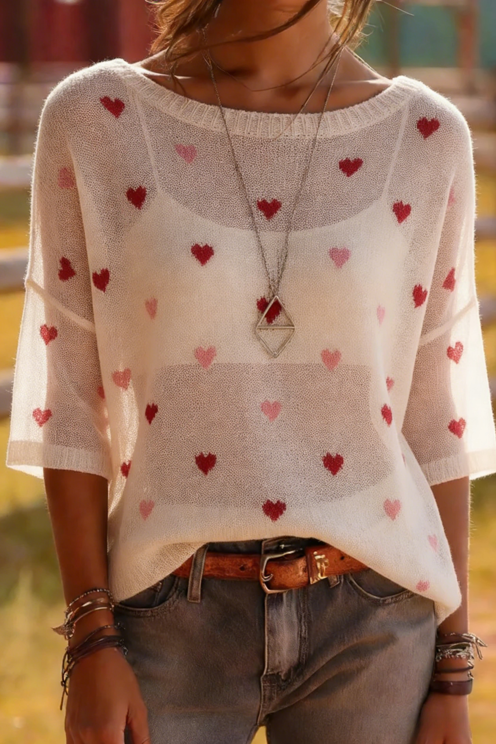 Medium Sleeve Heart Knit Sweater - Lightweight Romantic Top