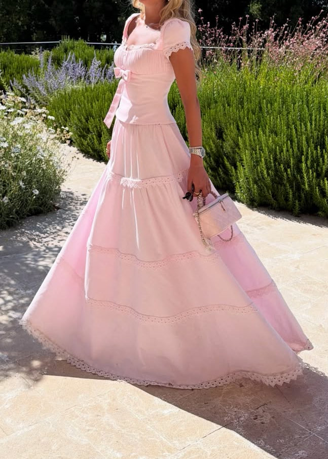 Blush Pink Bow Detail Scalloped Lace Two-Piece Set