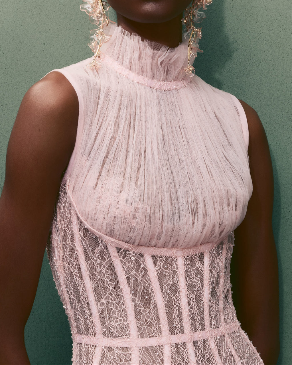 Pink High-Neck Lace Corset-Style Maxi Dress