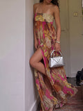Strapless Floral Print High Slit Maxi Dress