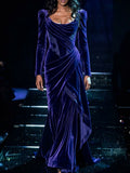 Navy Velvet Draped Long Sleeve Maxi Dress
