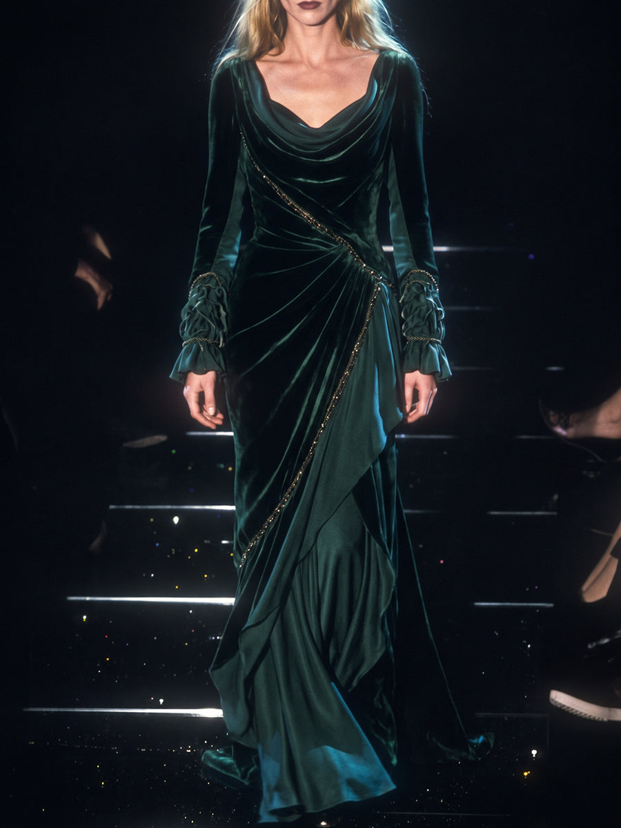 Green Velvet Draped Long Sleeve Maxi Dress